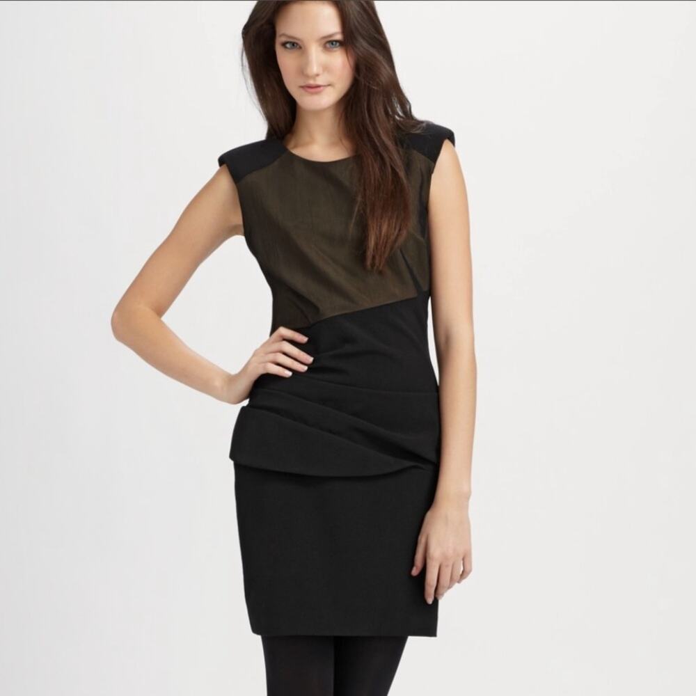 Black Halo LBD Womens Dress Asymmetric Gathered Ruch Black Fitted Sheath Size 6